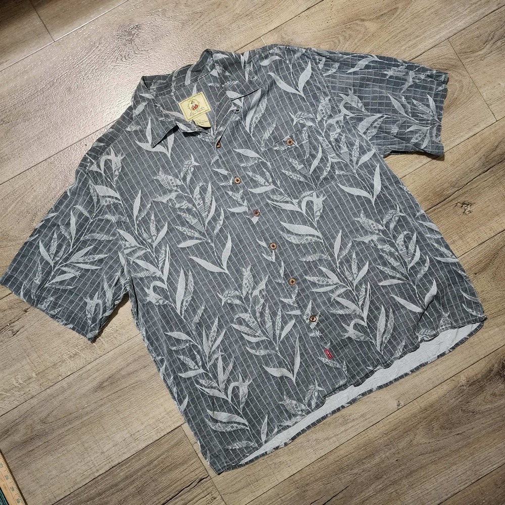 Joe Marlin Mens XL Silk Hawaiian Camp Shirt Grey Botanical Leaf Windowpane Print